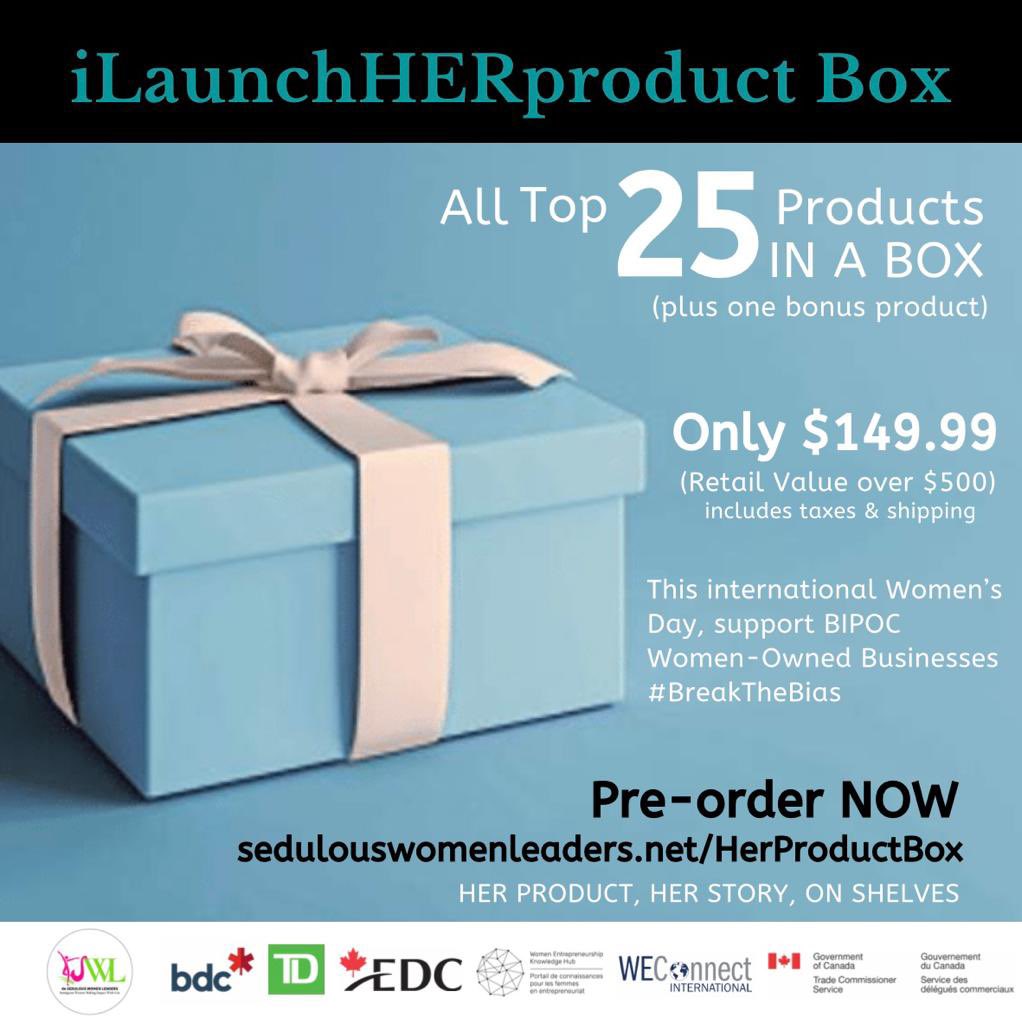 This #IWD2022 If you are looking ways to support a #WomenOwnedBusiness in #Canada,you can simply do that by ordering this unique
#iLaunchHerProductBox and not only support ONE but 25 Amazing #WomenEntrepreneurs.
Order Here:sedulouswomenleaders.net/HerProductBox