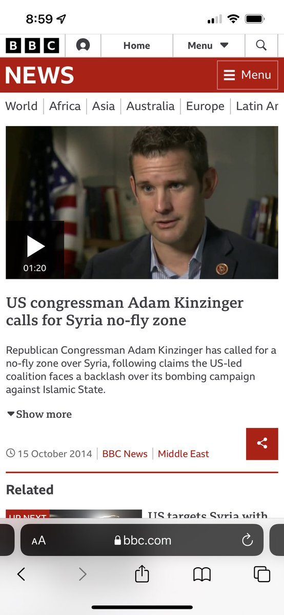 AdamKinzinger's tweet photo. I called for a “no-fly zone” over Syria in 2014. I was told “you can’t!! Russia is there and they have NUKES!”  Well, in 2015 a Turkish jet shoots down a Russian jet.  The result?  Putin meets with Erdegon.  Russia threatens nukes and gets the world https://t.co/Mrbop5LFsA