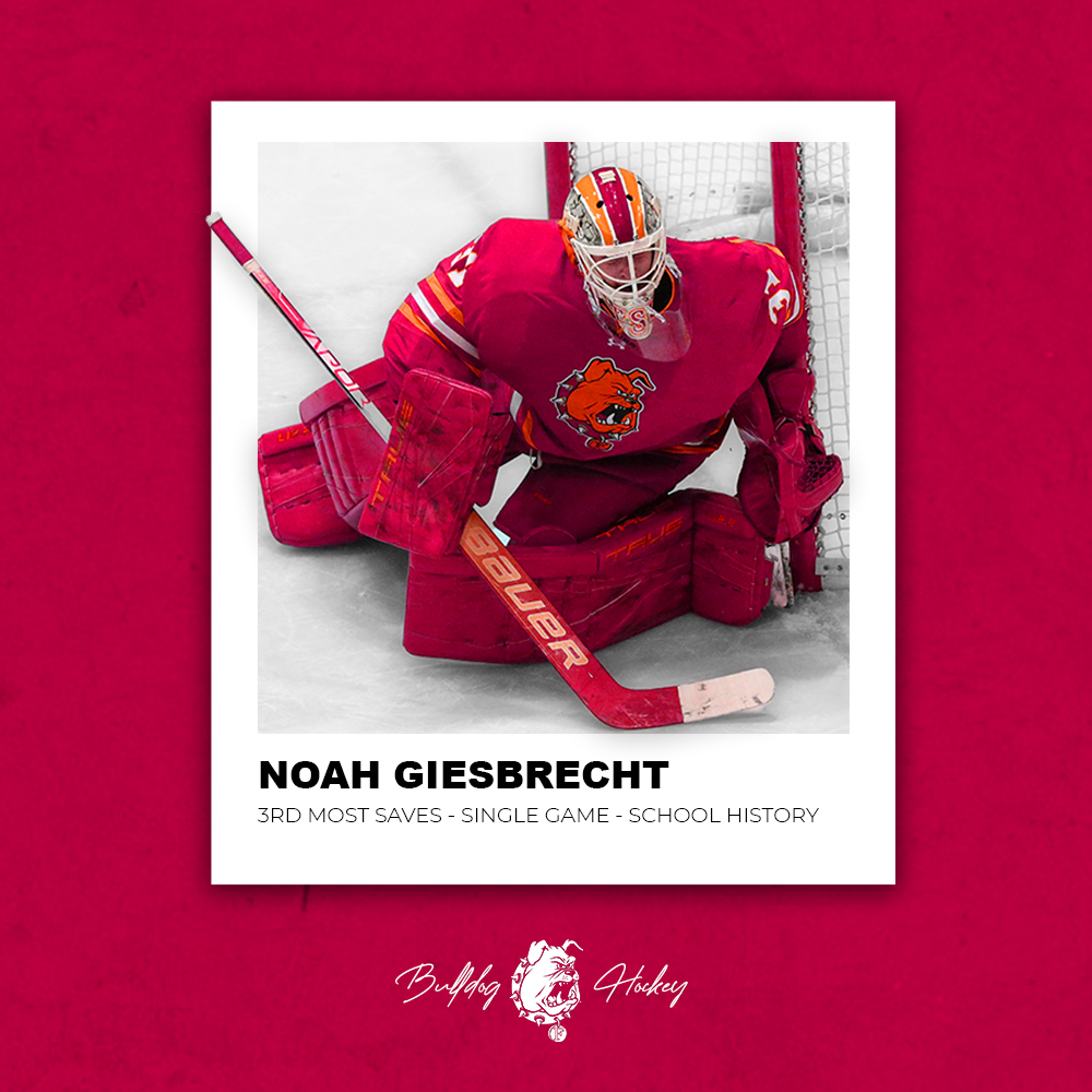 FerrisHockey's tweet photo. Our goaltenders combined to go 98 of 104 in goal this weekend (.942) - in a pair of games that went to overtime.

Noah Giesbrecht's performance last night was good for third best in program history in total saves with 53 stops. https://t.co/rqGaHfPSCZ
