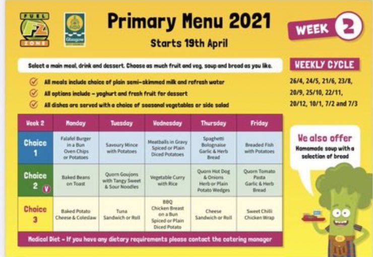 Lunch choices for the week ahead. Please take the chance to discuss with your child. @FuelZoneGlasgow