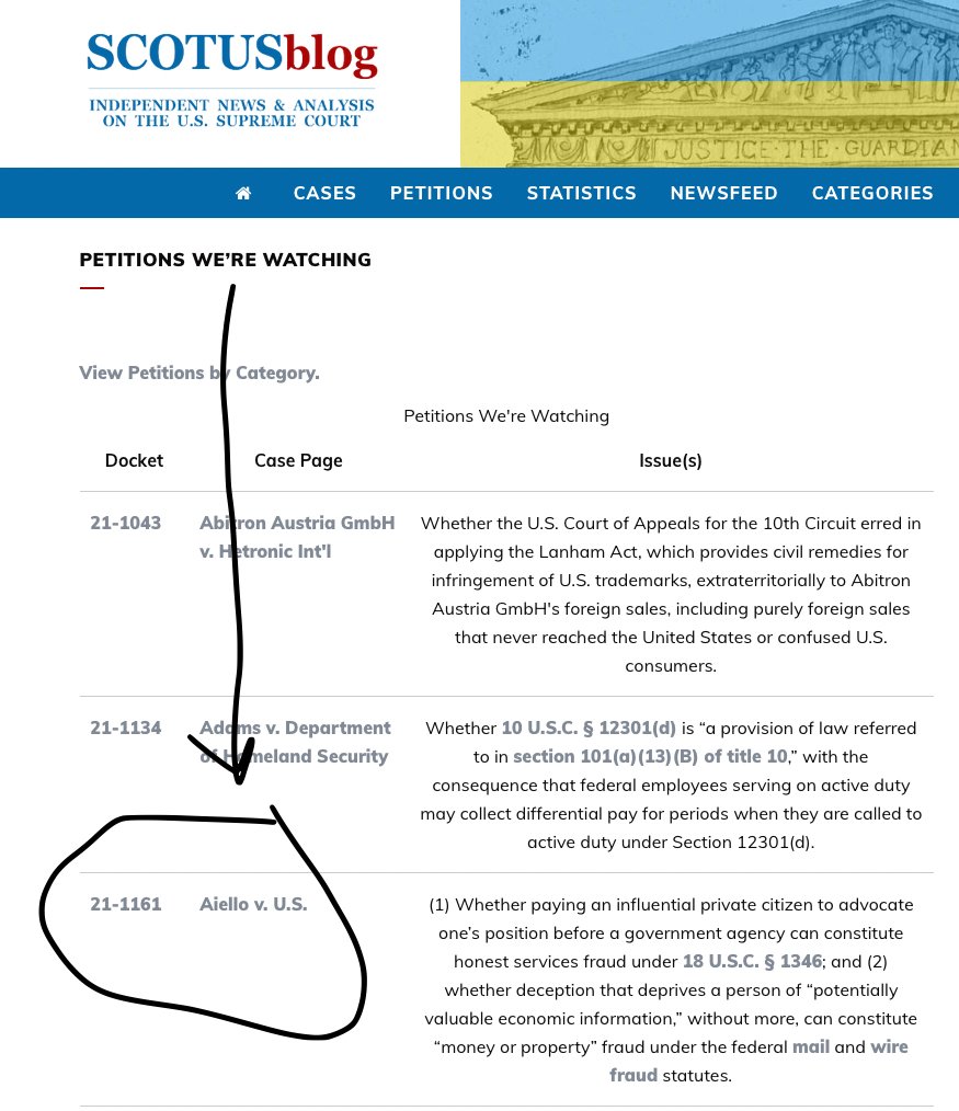 Our cert petition in Aiello v. US raising important QPs about scope of federal fraud is now listed as a "Featured Petition" on <a href="/SCOTUSblog/">SCOTUSblog</a>'s "Petitions We're Watching" page. Read the petition here bit.ly/3pISJHs
