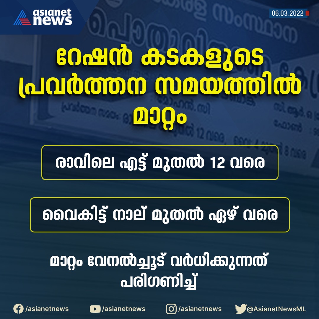 AsianetNewsML's tweet photo. റേഷൻ കടകളുടെ പ്രവർത്തന സമയത്തിൽ മാറ്റം
#asianetnews #rationshops #kerala #Rationshoptiming #changeinworkingtime #summerheat #summerheatwave https://t.co/m0yQNDLk15