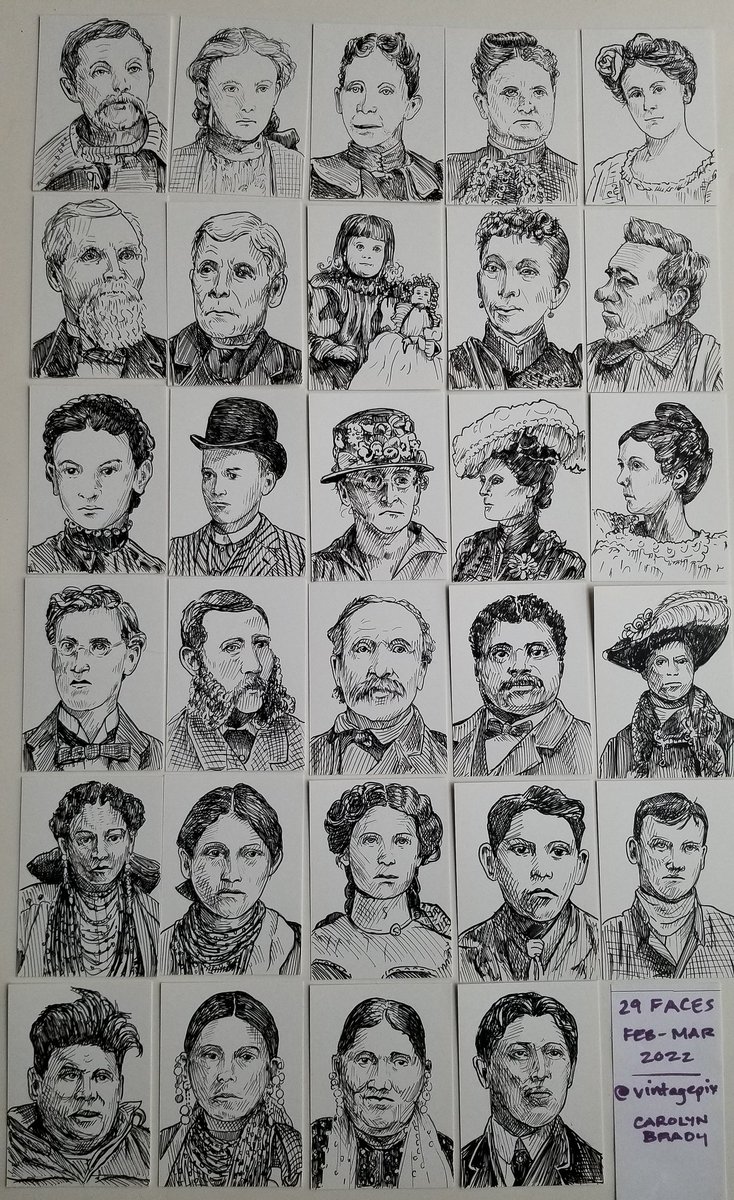 vintagepix's tweet photo. Took me an extra week to finish my #29Faces challenge for Feb 2022. Dip pen &amp; ink drawings on ATC-size Bristol board using faces from @WisHistory's collection of studio portrait photos taken by Charles Van Schaick circa 1880s-1910s in Black River Falls, Wisconsin. #WisconsinArt https://t.co/j0U53nI4NW