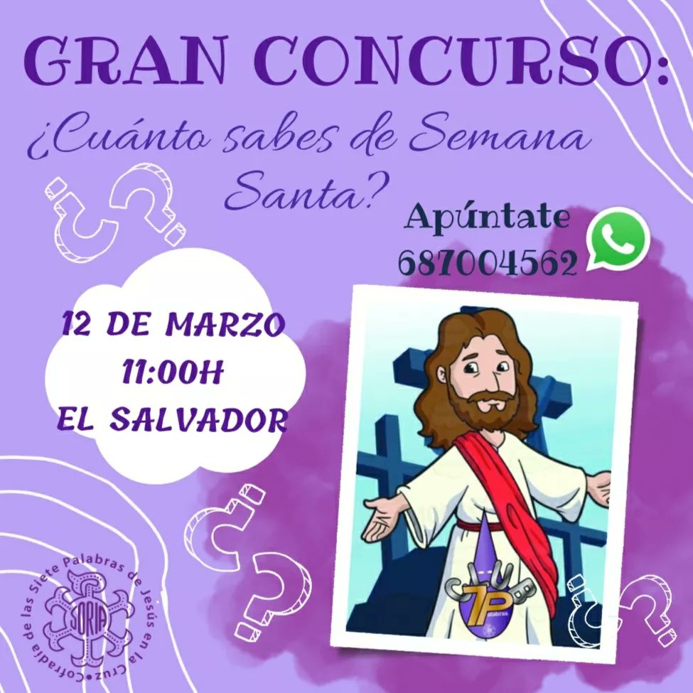 7PalabrasSoria's tweet photo. ¿¿Crees que sabes mucho sobre la Semana Santa Soriana??
El sábado dia 12 os esperamos a todos, a las 11.00h, en los Salones Parroquiales de El Salvador, para esta nueva actividad del Club Infantil 7P.
#ElClub7P
#semanasantasoria #SemanaSanta
#ClubInfantil
#Club7Psoria #Club7P https://t.co/tj4Yb4n25A