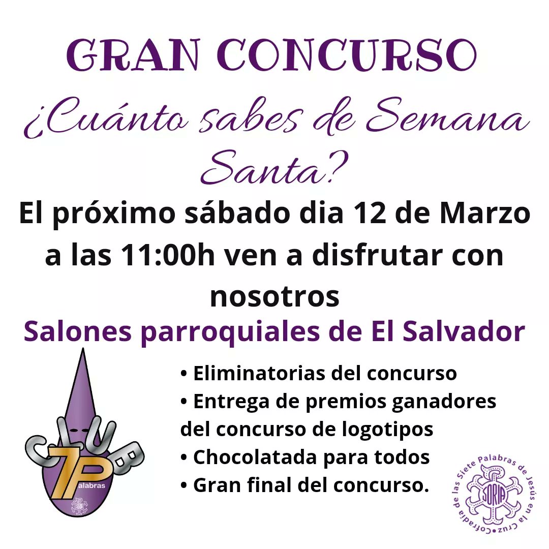7PalabrasSoria's tweet photo. ¿¿Crees que sabes mucho sobre la Semana Santa Soriana??
El sábado dia 12 os esperamos a todos, a las 11.00h, en los Salones Parroquiales de El Salvador, para esta nueva actividad del Club Infantil 7P.
#ElClub7P
#semanasantasoria #SemanaSanta
#ClubInfantil
#Club7Psoria #Club7P https://t.co/tj4Yb4n25A