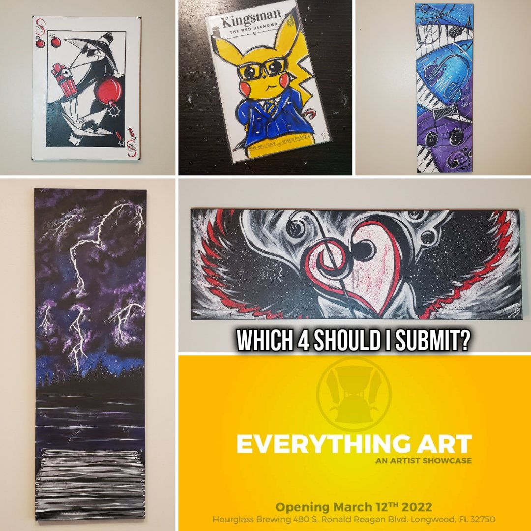 JBauerart's tweet photo. I narrowed it down to 5! Help me pick 4! I am excited for the Everything Art... Art Show at @hourglassbrewinglw this month! Join us for the opening March 12th 4pm to 8pm.

#JBauerart #art #artist #painting #hourglassbrewing #Florida #create #kingsmen #spyvsspy #music #storm https://t.co/GapRrtNNgs