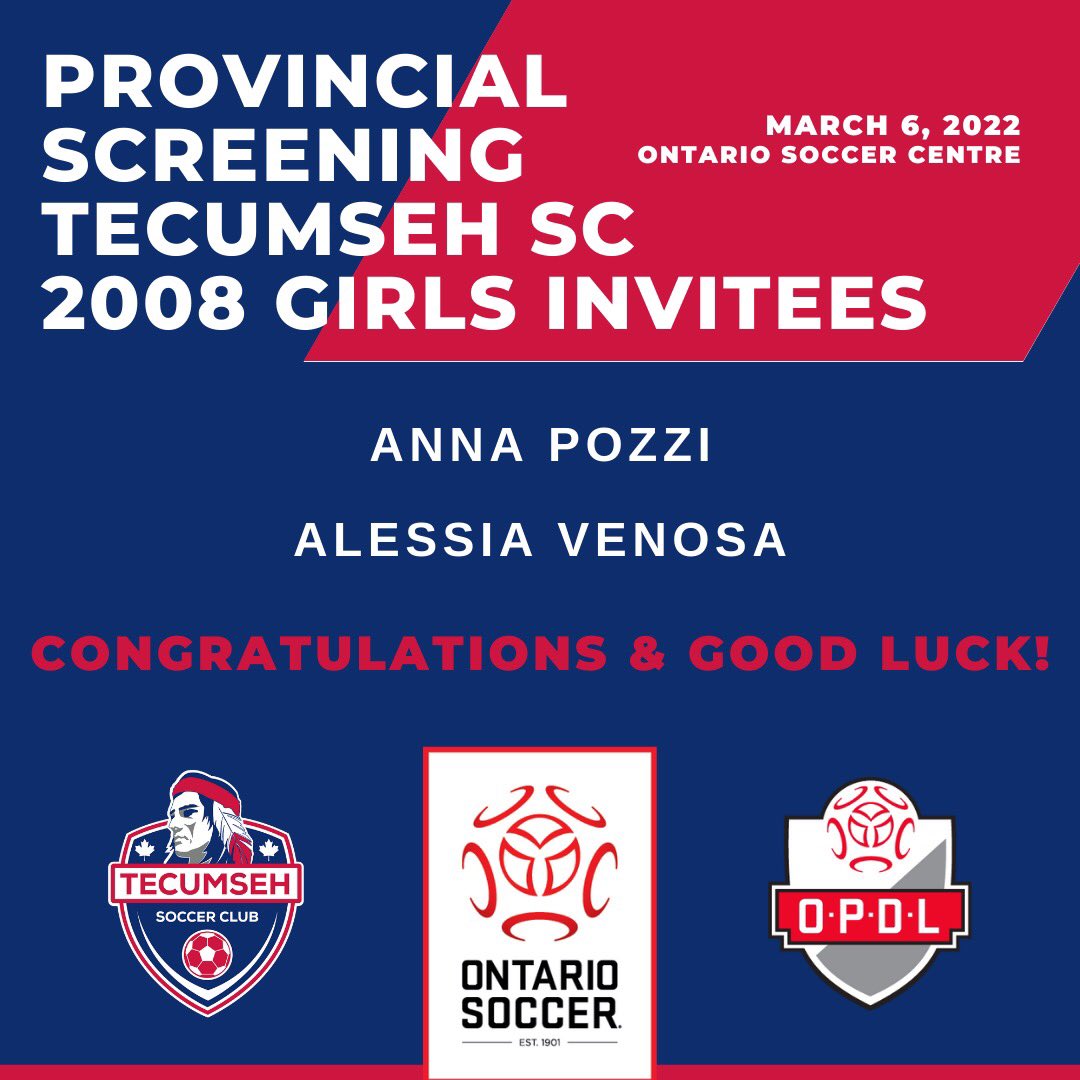 TecumsehSoccer's tweet photo. We would like to congratulate and wish another 2 players, this time our #2008Girls, the best of luck today at @OntarioIsSoccer #provincialscreening! Congratulations to Anna Pozzi and Alessia Venosa on your recognition, invitation and opportunity to progress. https://t.co/YvDoDVFtnN
