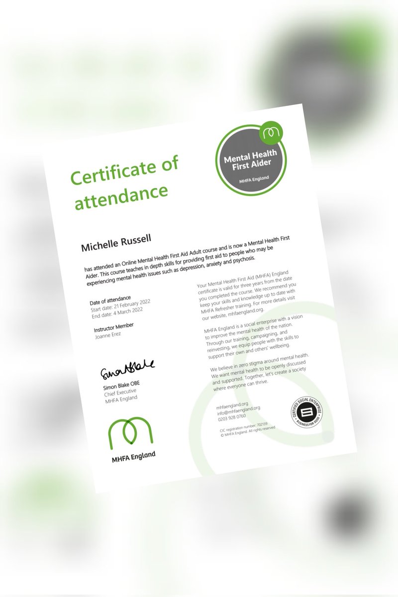 Michell99677379's tweet photo. My achievement for the week! I have completed my Mental Health First Aider training with MHFA England. #MentalHealthMatters #FirstAid @jo_erez https://t.co/nCIiSWF9zl