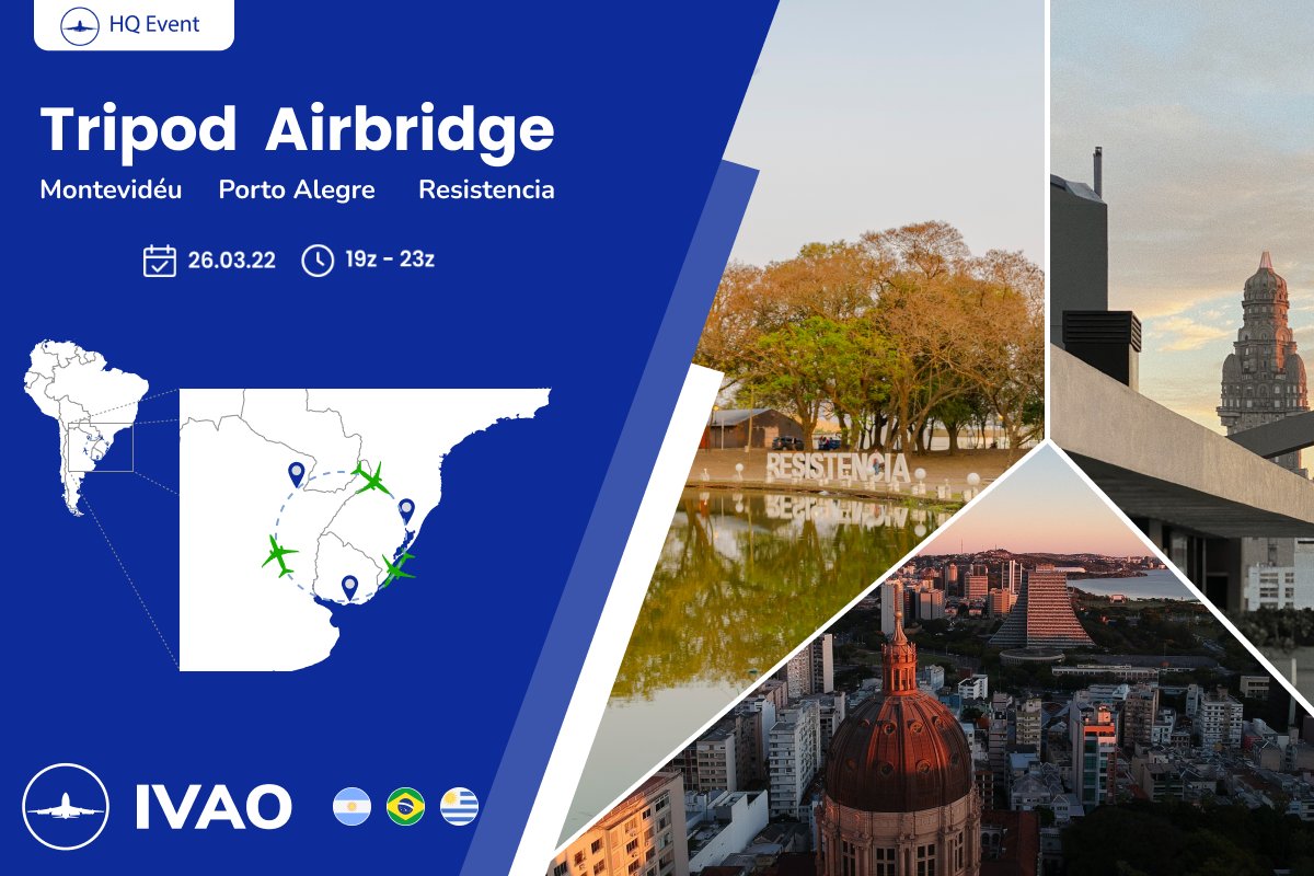 ivaoAR's tweet photo. Tripod Airbridge | #HQEvent
🗓️ | 26 de marzo 2022
🕖 | 1900z - 2300z

Los esperamos para sobrecargar los cielos de @IVAOArgentina,@ivao_br y @IVAOUY. 

Más info: https://t.co/K9qkL2aKf0 https://t.co/CCRzafdtgw