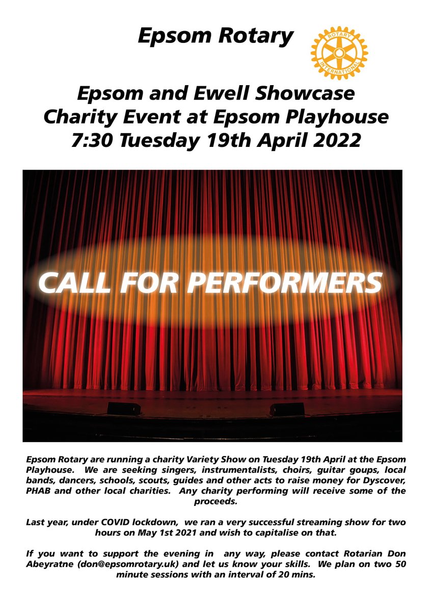 EPSOM and EWELL SHOWCASE with <a href="/EpsomRotary/">Rotary Club of Epsom</a> - Local performers showcase their talents at <a href="/EpsomPlayhouse/">Epsom Playhouse</a> . Acts for kids and adults #Want to be a part of it? Take a look ow.ly/vrb330scvi7