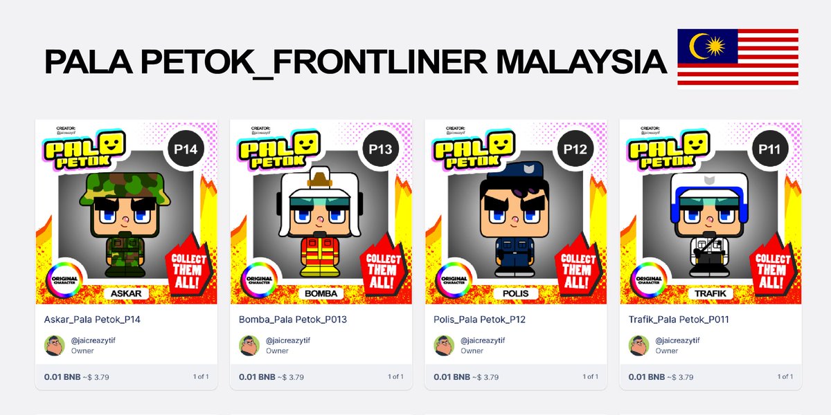 Hai guys. apa khabar semua warga NFT! 
pala petok ada new tema. untuk kali ni pala petok dah tiada edition gold,silver dan bronze hanya OC saja. kesemuanya akan dijual dengan nilai 0.01BNB. 
<a href="/Pentasian/">PENTASIAN</a> <a href="/BelakangPentasZ/">BelakangPentasZ</a>
app.pentas.io/user/0xd989ee4…