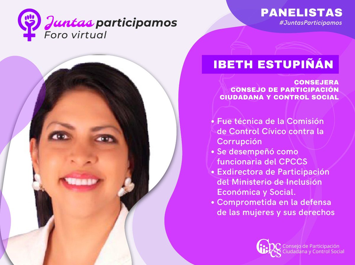 mrivadeneirac's tweet photo. #JuntasParticipamos⎜Fortalecemos el #CPCCS con una mirada interseccional de género! 💜💜 Este 8 de marzo a las 16h00 mi compañera @IbethEstupinan, Consejera, nos contará cómo ampliamos los procesos de participación a nivel institucional.

➡️ INSCRÍBETE👉🏼https://t.co/vSVm7XkQk4 https://t.co/5U89xXZx4B