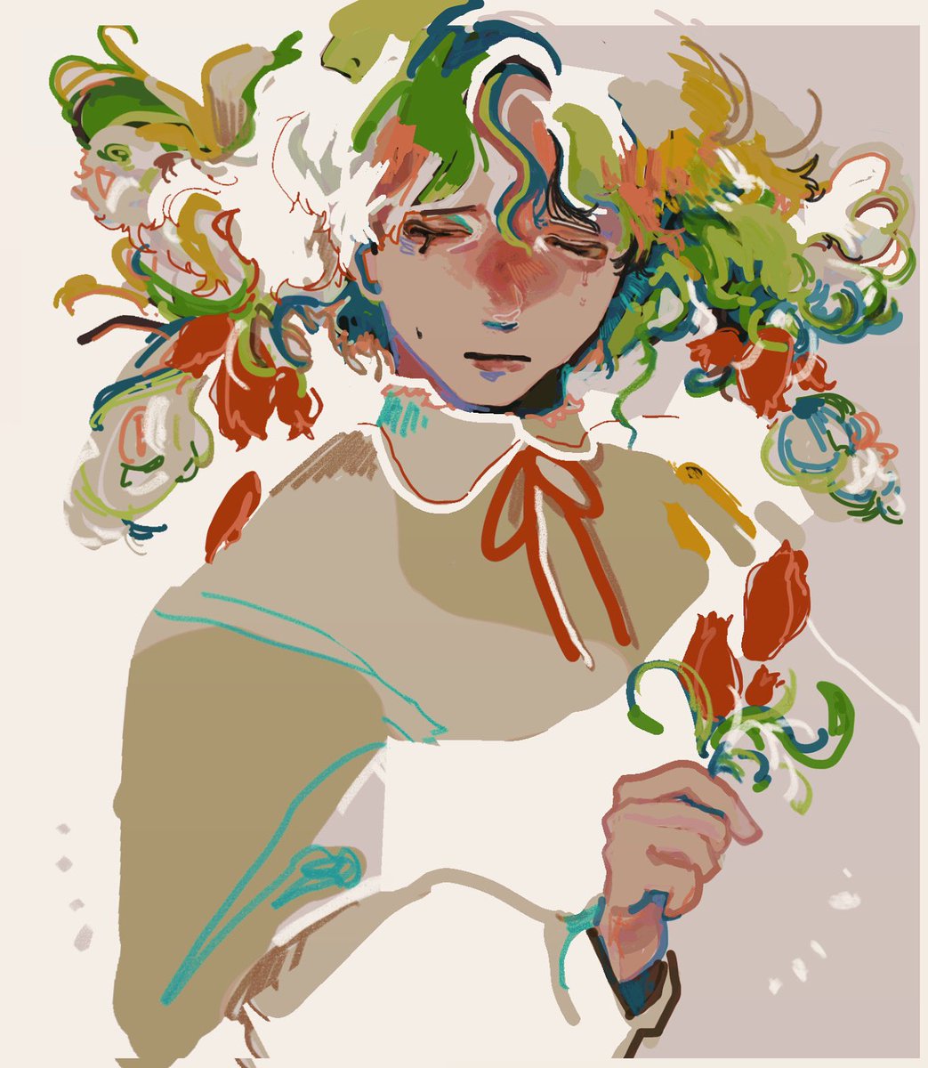 solo flower closed eyes holding holding flower green hair long sleeves  illustration images