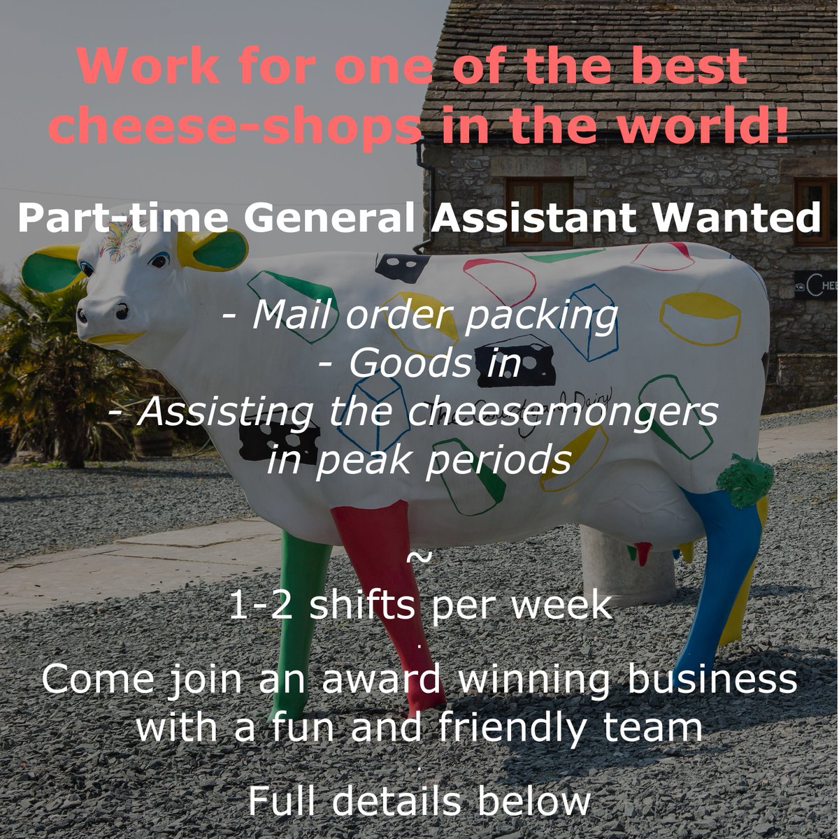 CourtyardDairy's tweet image. The Courtyard Dairy needs you to join its friendly and enthusiastic cheese-loving team in this high quality, fast paced work environment.
1-2 shifts per week; assisting with packing mail order and goods in.

More details at: thecourtyarddairy.co.uk/about/careers/