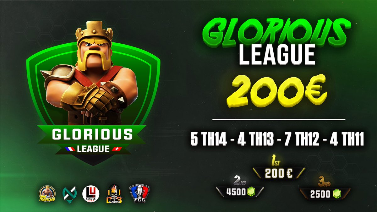 FrenchCup's tweet image. 🚨 Last chance to apply for the #GloriousLeague Season 5 !

➤ 5 TH14 - 4 TH13 - 7 TH12 - 4 TH11
➤ Mixed long format
➤ 2 hits / No dips
➤ 200 € + 7000 gems

👉 discord.gg/pew8gQM