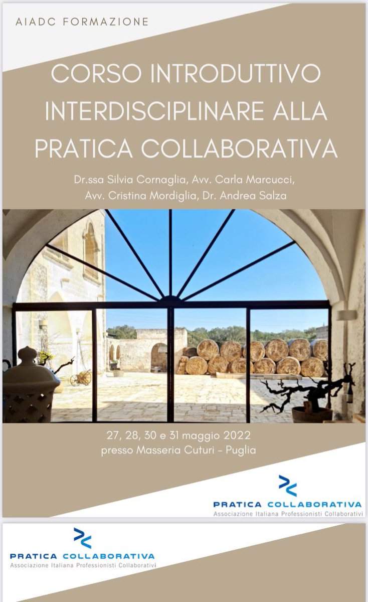 📍Il 27, 28, 30 e 31 maggio a #Manduria. 42 #avvocati #commercialisti e #psicologi pronti a diventare #professionisticollaborativi.
👉🏼 iscriviti entro il 30 marzo!
Il viaggio della #praticacollaborativa prosegue nel #Salento.
#aiadc #formazione  #interdisciplinarietà #creatività