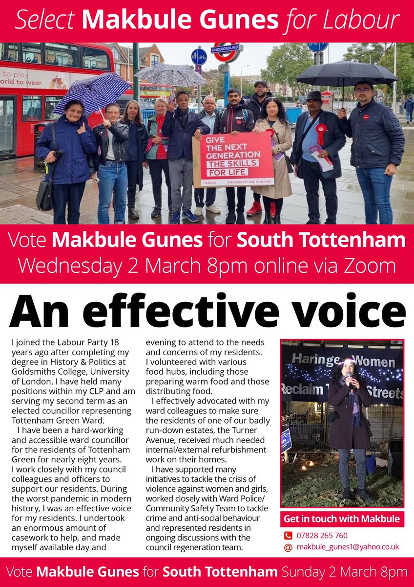 GunesMakbule's tweet photo. I am delighted to have been selected as a candidate in the new South Tottenham Ward. Thank you, members of South Tottenham Ward, for putting your trust in me! I look forward to winning in #May22LocalElection. https://t.co/tzcXQtI7lo