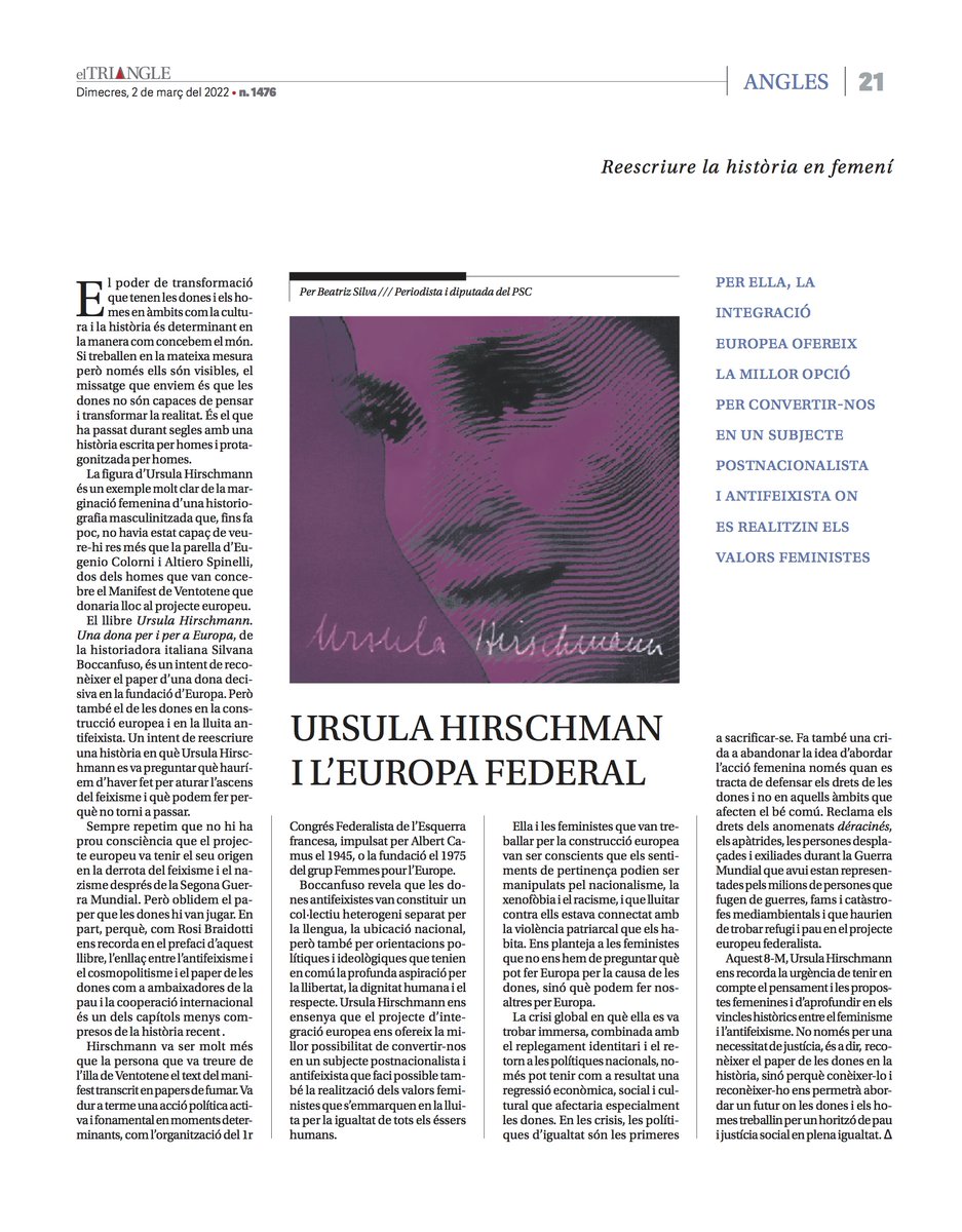 ✍️Este #8M escribo en <a href="/El_Triangle/">El Triangle</a> sobre Ursula Hirschmann, el vínculo entre el feminismo y el antifascismo y la necesidad de reescribir la historia europea en femenino

🔴Luchar contra el nacionalismo es luchar contra la violencia patriarcal que le habita
eltriangle.eu/es/2022/03/02/…