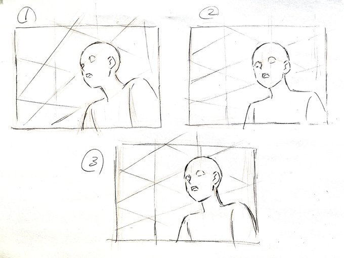 寝ようと思ったけど気になってた事を図に書いておく
自分が仕事で絵を描いてて困ったりハマって突然描けなくなるのは…①のアングルを求められてる時に②が来た時、②のまま何とかするか全部描き直して①にするか…最小限の直しにするために中間の③にするか…気持ち的には①のアングルにしたい… 