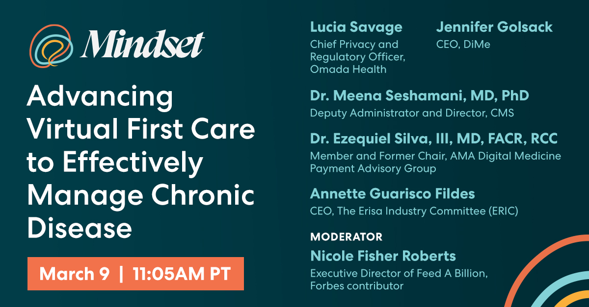 omadahealth's tweet photo. #MindsetSummit2022 will host a session on #virtualfirstcare, opportunities for evolving policy, regulation, and reimbursement approaches with panelists from @_DiMeSociety, @CMSGov, @AmerMedicalAssn, @ERISAIndCmte, Omada Health and moderated by @nic_fisher. https://t.co/puuc3CM6BT https://t.co/Hy49GDsLqs
