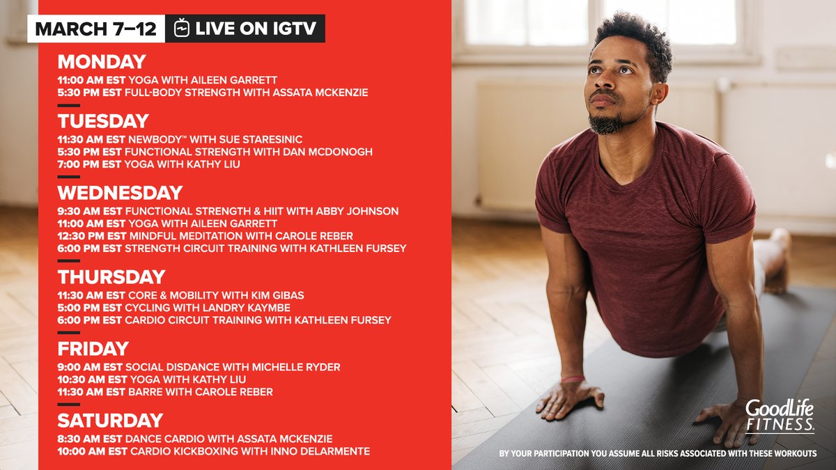 GoodLifeFitness's tweet photo. Do you want to switch up your at-home exercise routine? Add a free Instagram Live class to your calendar. Let us know which virtual classes you are tuning into? 💪 #GoodLifeAtHome https://t.co/HWJF1QF1t8