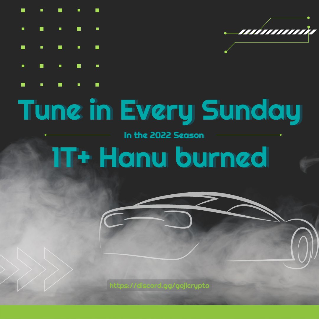 Tune in with us every Sunday in the 2022 Nascar season, we've heard Goji will be making an appearance soon. 👀🏁
After every race, at least 1 trillion $HANU is burned!🔥 
Join here➡️discord.gg/gojicrypto
#crypto #cryptocurrency #cryptonews #erc20 #Defi #ETH #cryptomoonshots