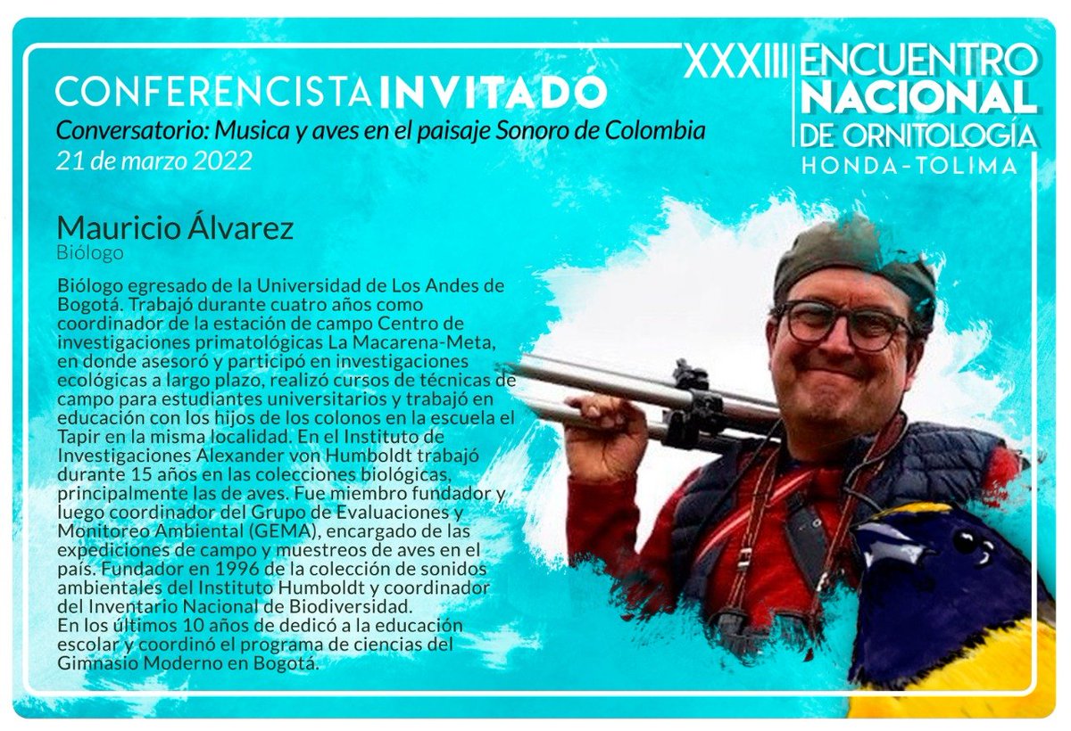 DeTolimense's tweet photo. En el día 3 del ENO, tendremos una tarde inspirada en los cantos de las aves. 
Nuestro primer invitado es @Malvarez65R, quien ha dedicado su vida a grabar los sonidos de las aves de Colombia y es fundador de la Colección de sonidos Animales del IAVH. https://t.co/byBJC84xJ7