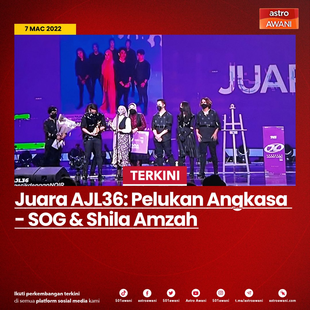 501Awani's tweet photo. Juara AJL36: Pelukan Angkasa - SOG &amp; Shila Amzah
Naib Juara: Cinta - Marsha Milan
Tempat Ketiga : Mimpi - Haqiem Rusli
Vokal terbaik AJL : Aina Abdul - Sepi 

#AWANInews https://t.co/b5WtXXgko9