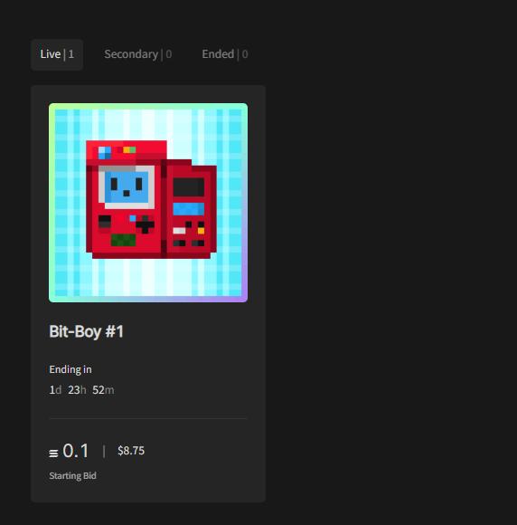 NFT_BitBoy's tweet photo. Bit-Boy #1 Auction LIVE!!!
on @holaplex
 
Duration: 48 hour
Starting bid: ◎ 0.1
Tick size: ◎ 0.1
Gap time: 5 minutes https://t.co/RfEo9v9B0Q