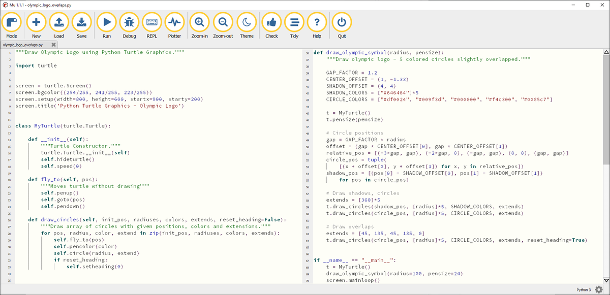 Vasco__Mora's tweet image. @driscollis - I could not resist (again) at looking at your code and trying some variations.
Thank you for all the teasers/ challenges ;-).
Code below includes shadows, "official" colors and ring overlaps.
Cheers!
#python #turtle #codewithmu