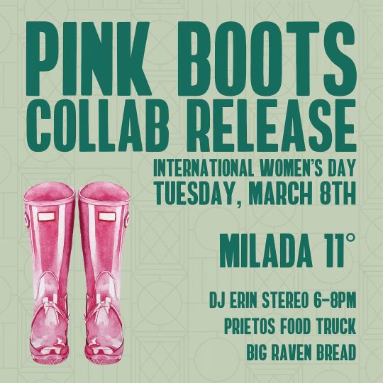Join us this Tuesday 3/8 for our <a href="/pinkbootsbeer/">Pink Boots Society</a> collab release on International Women’s Day. We’re releasing a new beer, bringing in a few women owned business including a DJ from 6-8. Stop by after your Pink Boots brew day to help us celebrate!