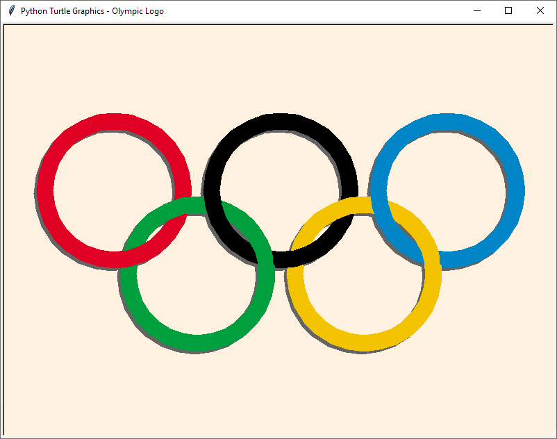 Vasco__Mora's tweet image. @driscollis - I could not resist (again) at looking at your code and trying some variations.
Thank you for all the teasers/ challenges ;-).
Code below includes shadows, "official" colors and ring overlaps.
Cheers!
#python #turtle #codewithmu