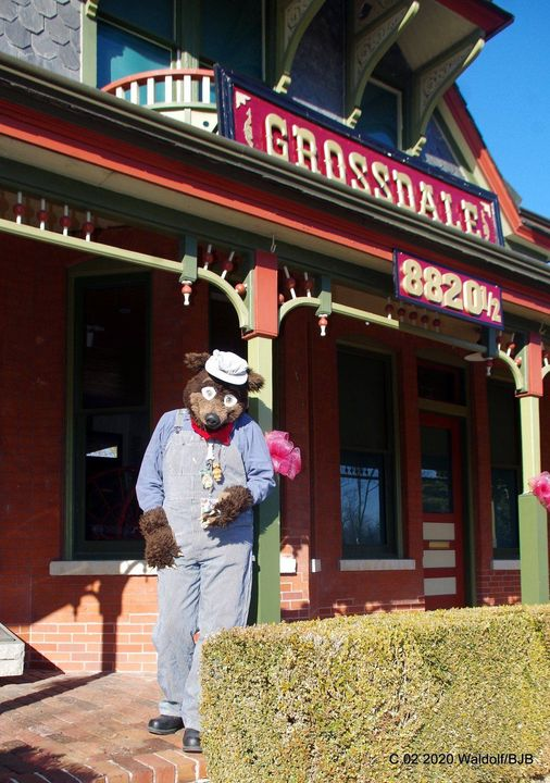 THE_BJBUTTONS's tweet photo. #Waldolf standing in front of the old #Grossdale train Station in #Brookfiled IL #fursuitfriday #fursuit #fursuiter #fursuiting #bear #costume https://t.co/DGNomW30Co