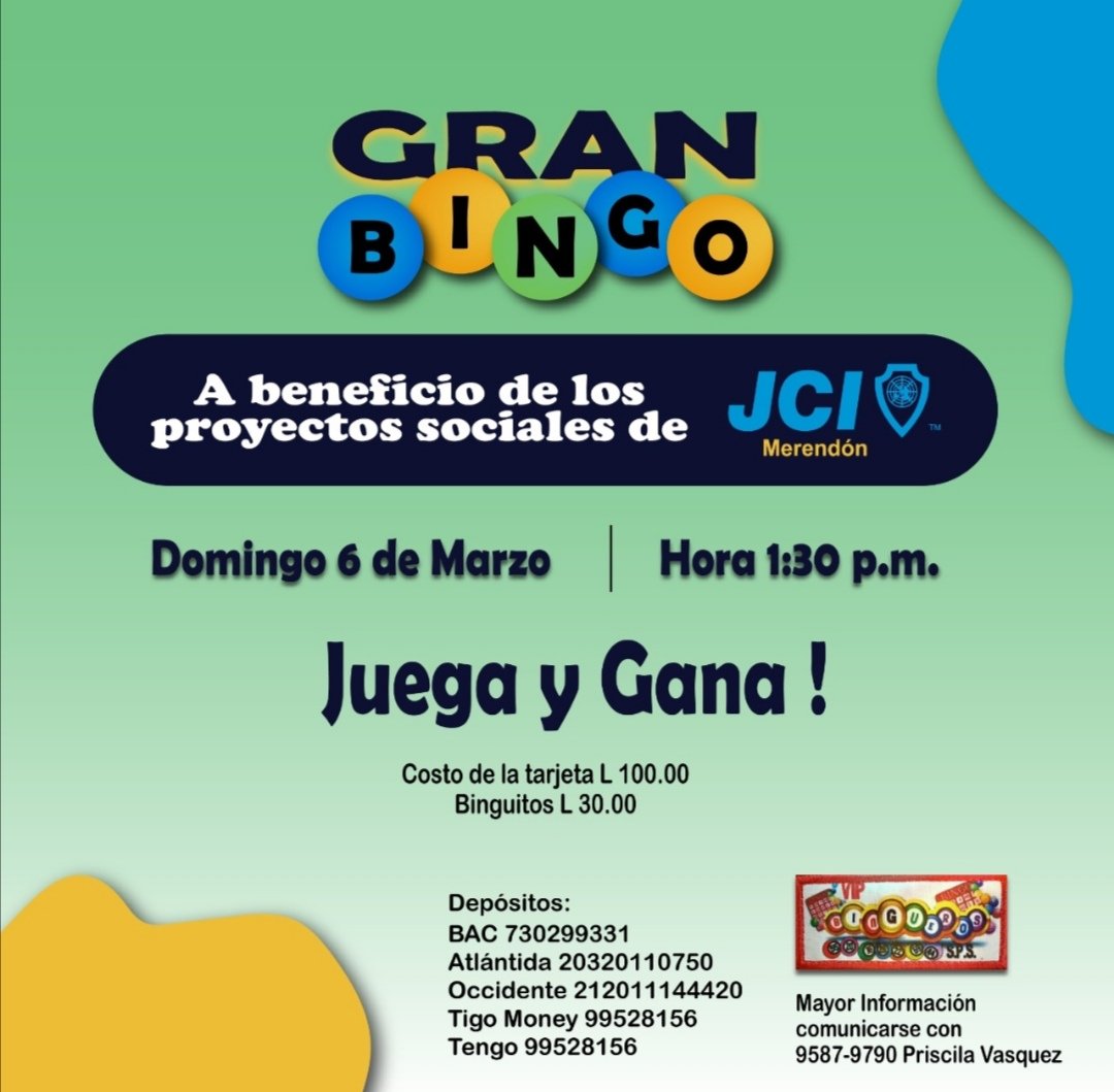 🔵A Pocas Horas!!🔵
Dentro de muy poco tiempo se desarrollará el Gran Bingo 🎲.
Si aún no tienes tu tarjetas, estas a tiempo de solicitar la tuya!
Ven a jugar y ganar con el Gran Bingo de #JCIMerendón.
#Wearethechange #JCIHonduras