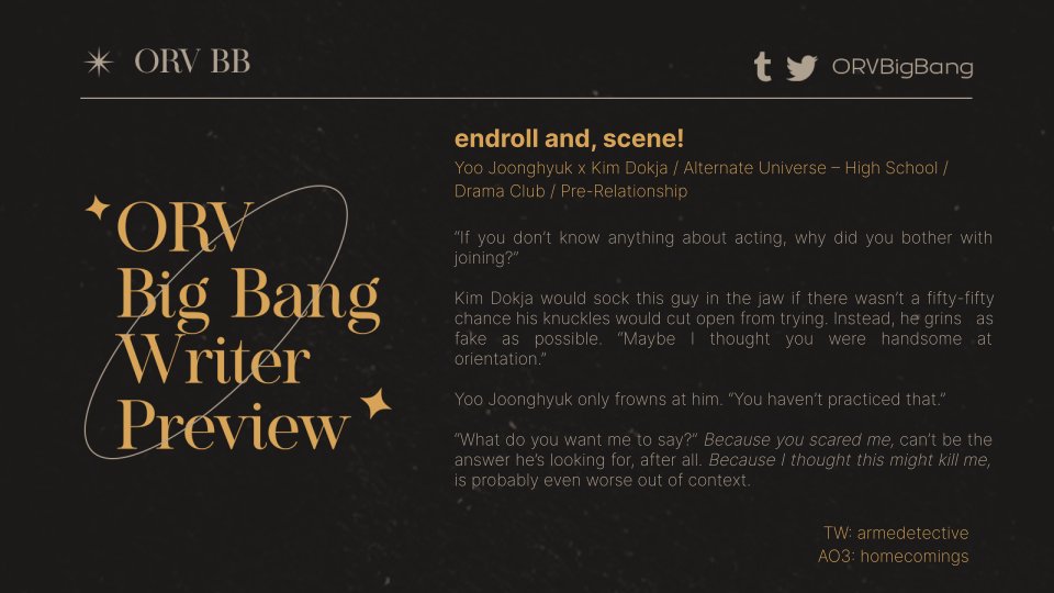 armedetective's tweet photo. final previews for #ORVBigBang / @orvbigbang  !! 🎭🎞️⭐️ accompanying art by arius and esper to be linked under the tweet soon!!

sorry for the delay and thank you for all the support so far! fic can be found here: https://t.co/knvUw92M6S https://t.co/zrs3iHFgrx