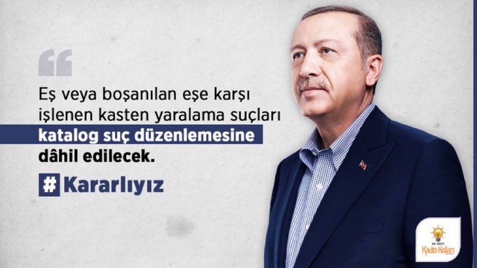 Cumhurbaşkanımız Sayın <a href="/RTErdogan/">Recep Tayyip Erdoğan</a>  : “Eş veya boşanılan  eşe karşı işlenen kasten yaralama suçları katalog suç düzenlemesine dâhil edilecek.”

#Kararlıyız