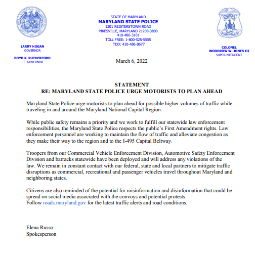 .<a href="/MDSP/">MD State Police</a>  urge motorists to plan ahead for possible higher volumes of traffic while traveling in and around the Maryland National Capital Region. Follow roads.maryland.gov for the latest traffic alerts and road conditions.