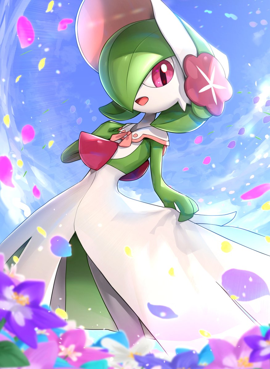 gardevoir bonnet solo pokemon (creature) open mouth flower outdoors sky  illustration images