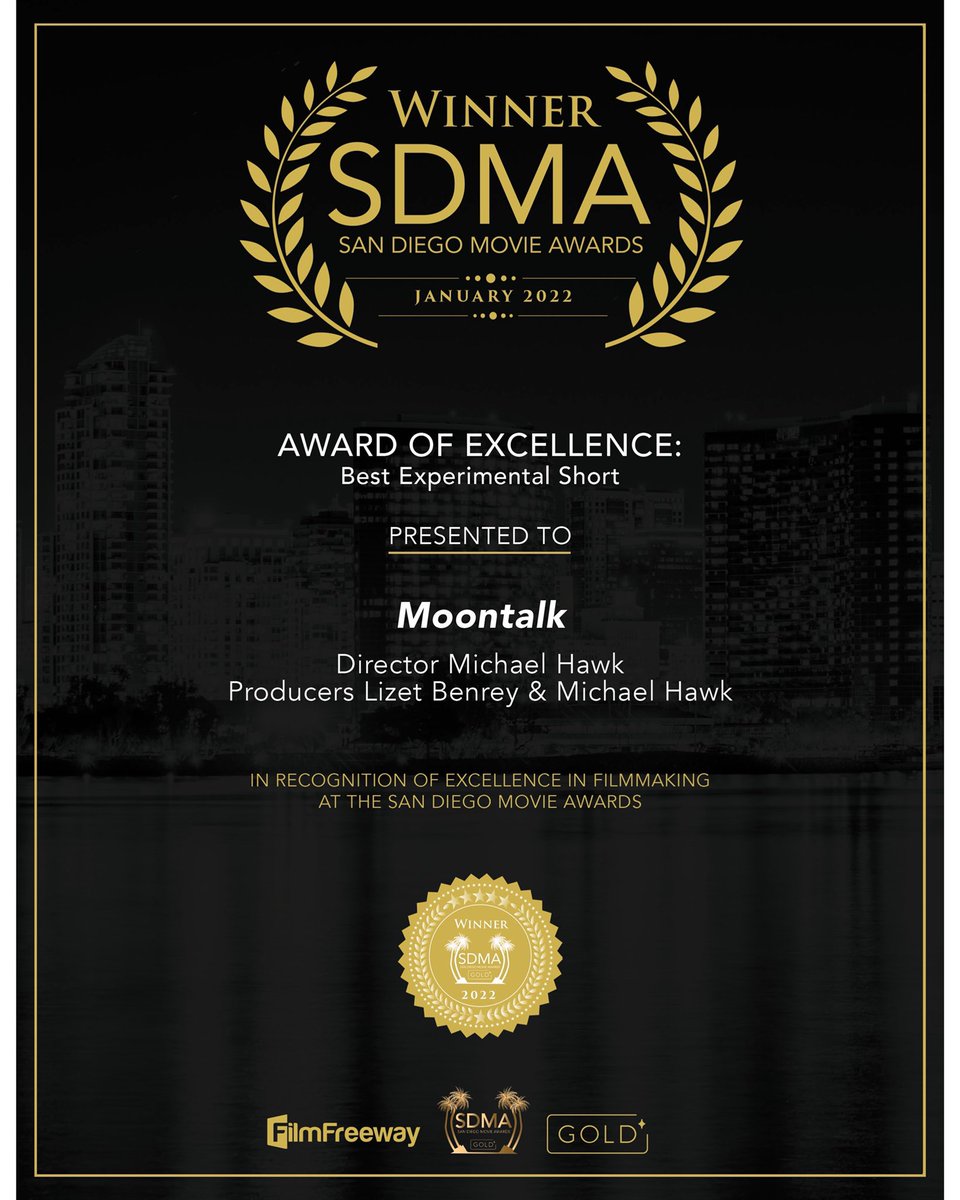 LizetBenrey's tweet photo. We are deeply grateful!
MOONTALK won!

AWARD OF EXCELLENCE @AwardsSan 
SEMI-FINALIST
@FilmMontreal 
Dir Michael Hawk 
Starring Co-Produced Co-Written 
Michael Hawk 
Lizet Benrey 
Score #1605Munro 

#lizetbenrey #michaelhawk #lizetbenreyawardwinningactress 
#sandiegomovieawards https://t.co/2yOcO0md9P