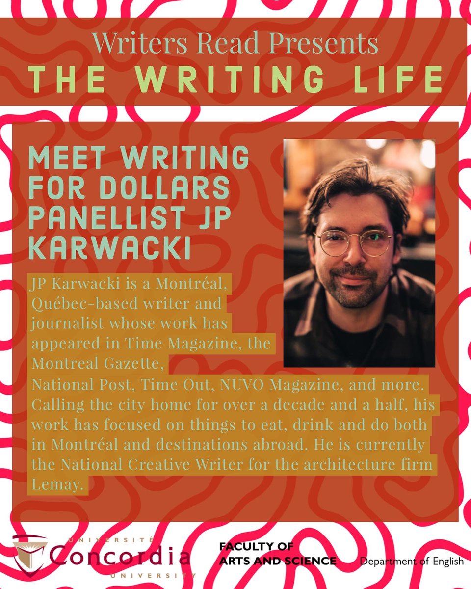 CUWritersRead's tweet image. Meet Writing for Dollars panellists @JPKarwacki, Pasha Malla, @rockitdeb and Benjamin Hackman!

Register for The Writing Life at concordia-ca.zoom.us/webinar/regist…