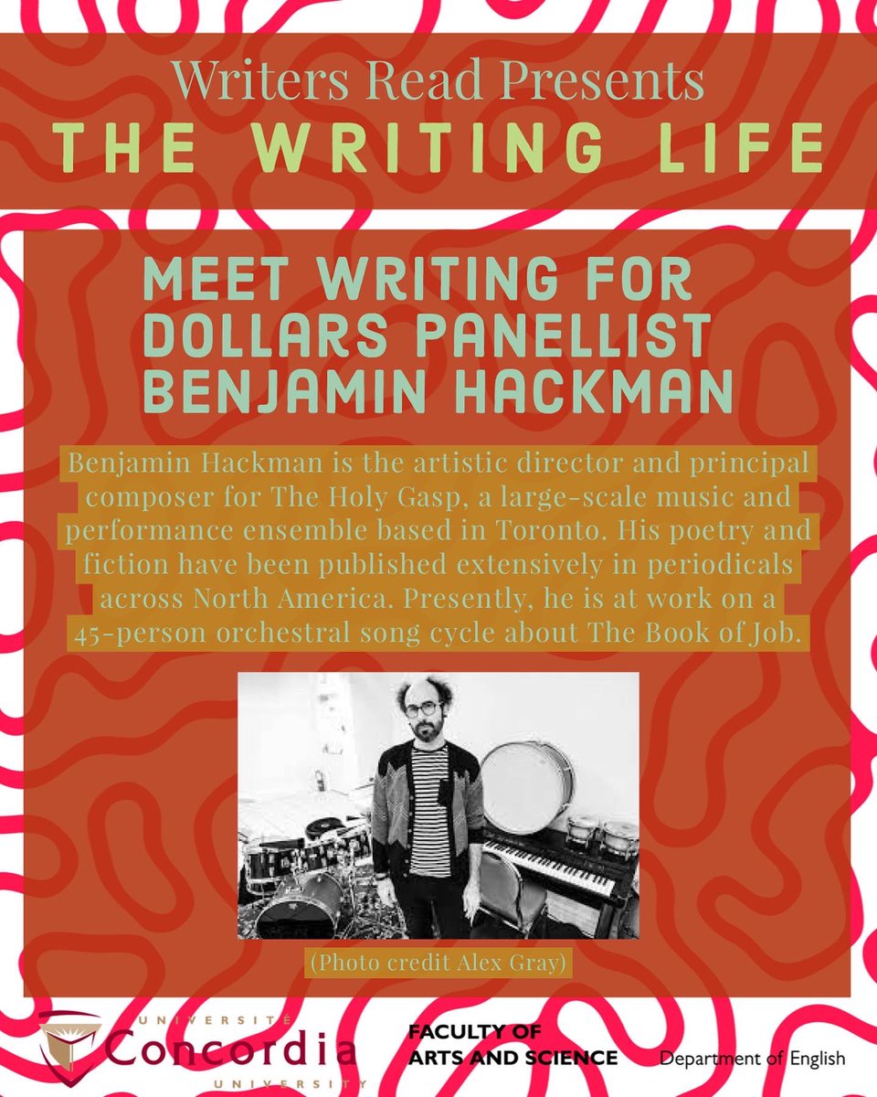 Meet Writing for Dollars panellists <a href="/JPKarwacki/">JP Karwacki</a>, Pasha Malla, <a href="/rockitdeb/">Debra Sadowski</a> and Benjamin Hackman!

Register for The Writing Life at concordia-ca.zoom.us/webinar/regist…