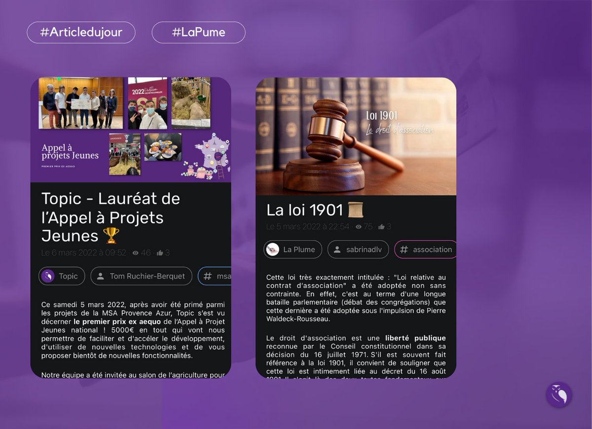 topic_app's tweet image. Venez découvrir notre #Articledujour et le dernier article de #LaPlume sur Topic !

◊ Topic - Lauréat de l’Appel à Projets Jeunes 🏆 par Topic topicapp.fr/articles/62247…
◊ La loi 1901 📜 par La Plume topicapp.fr/articles/62112…
