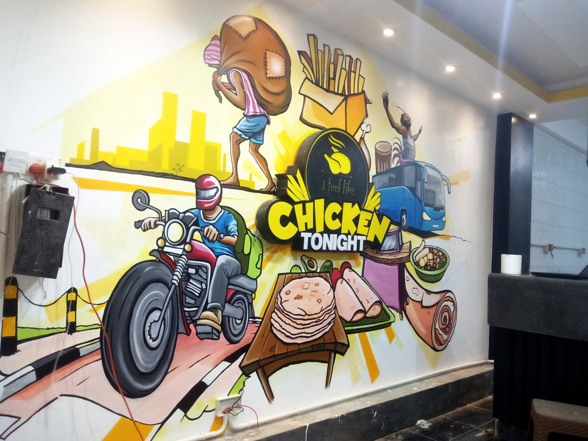 rawdneyk's tweet photo. Regardless we moved. First Mural Of 2022💫. New Chicken Tonight  Arua Park Branch. The idea was to create something that is relatable to the environment yet intresting. #MuralArt https://t.co/8kYvAIxq5f