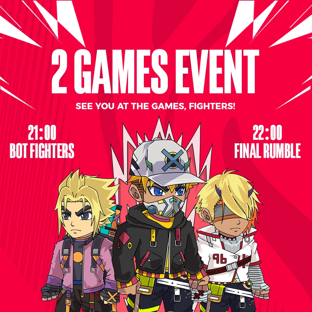 Hey Fighters! 🥷

We're conducting 2 Game Events in our Discord!!🎮

▫️ Bot Fighters ( at 21:00 GMT +2 ) 

▫️ Final Rumble ( at 22:00 GMT +2 ) 

📌 For each event, 5 random participants will receive WL!

Join our Discord to participate - discord.gg/finalfighters

#NFT #NFTs