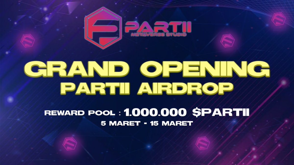 📣 PARTII Metaverse Studio Airdrop is live! 🏆 Reward for Tasks: 20 PARTII (~$20) for 50,000 random participants each. 👨‍👩‍👧 Referral Reward: 200 PARTII (~$200) for top 100 referrers each. 👉 t.me/PARTIIAirdropB… 👈 #cryptocurrency #Airdrop #BSC #Bitcoin #USDT #PARTII