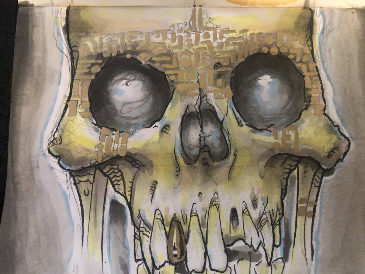 theonetruelotus's tweet photo. More #wetsketchbook #ideas with #copicmarkers #metallicmarkers #gelpens #crow #skulls #mask https://t.co/fVi00L59O4