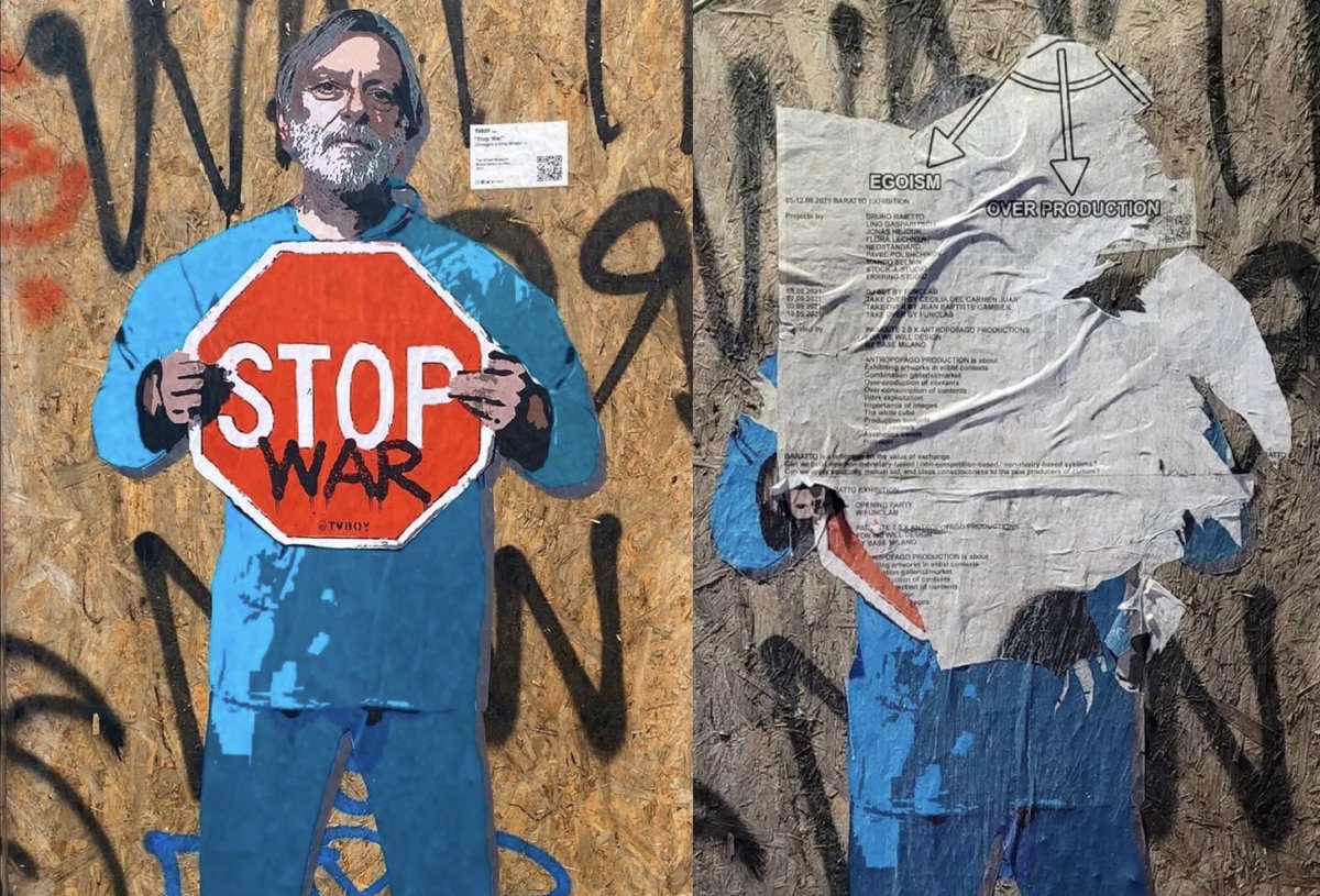 tvboy's tweet photo. Rovinato da ignoti il murale dedicato alla memoria di Gino Strada in Porta Genova a Milano. Tristezza. https://t.co/msXqiwphbw