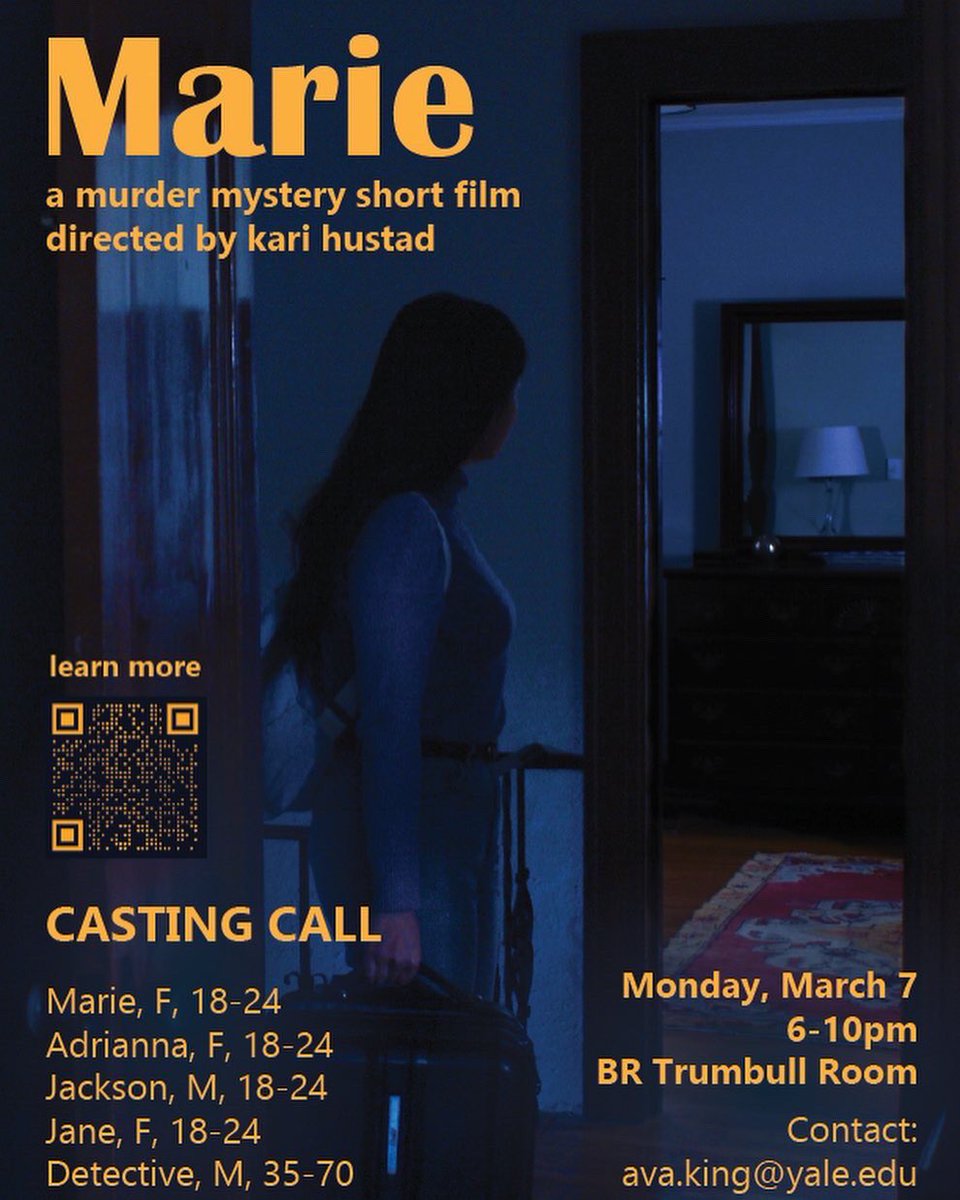 kariebhustad's tweet image. do you love murder mysteries? do you want to be a movie star? audition for Marie, my Yale senior thesis short film: Monday (tomorrow) from 6-10pm!

bit.ly/mariefilm

please reach out if you have any questions or to find another time!