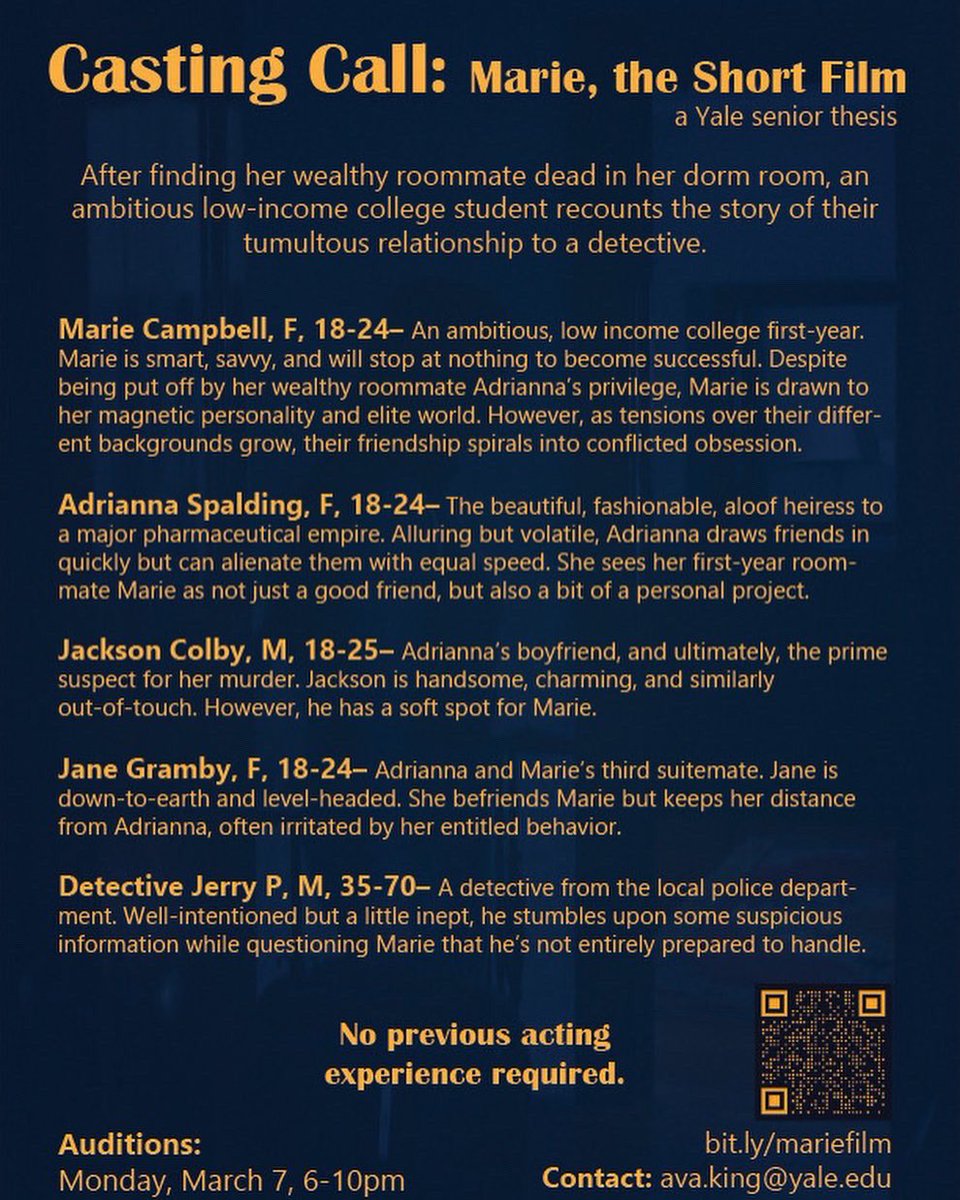 kariebhustad's tweet image. do you love murder mysteries? do you want to be a movie star? audition for Marie, my Yale senior thesis short film: Monday (tomorrow) from 6-10pm!

bit.ly/mariefilm

please reach out if you have any questions or to find another time!