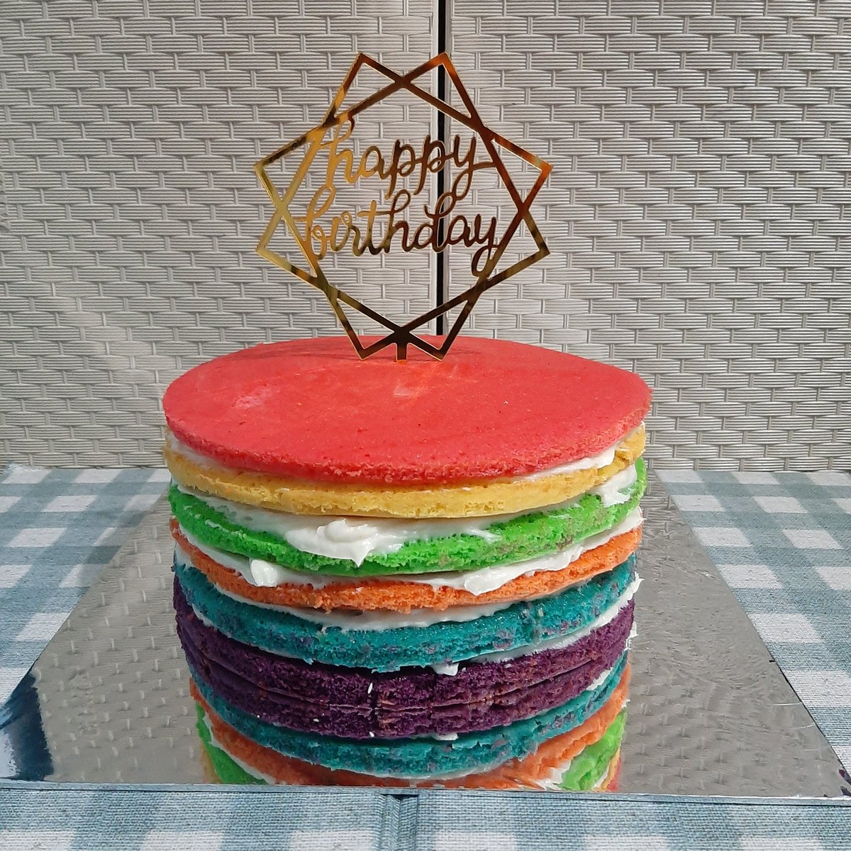 Rainbow Cake With Cream Cheese Filling.